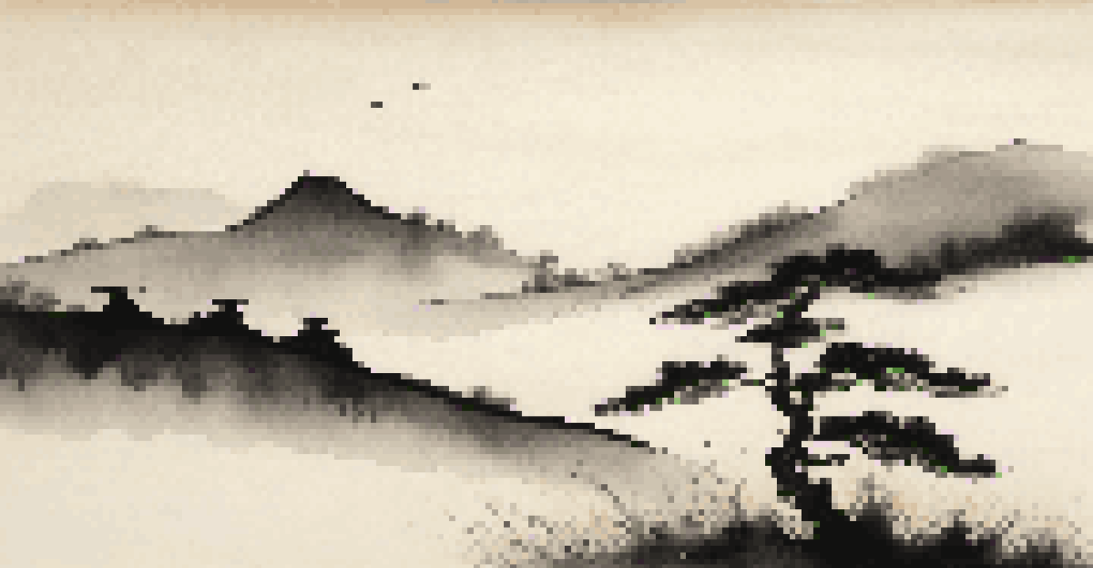 A close-up of a Japanese ink painting depicting a minimalist landscape with hills and a pine tree, showcasing the beauty of simplicity.