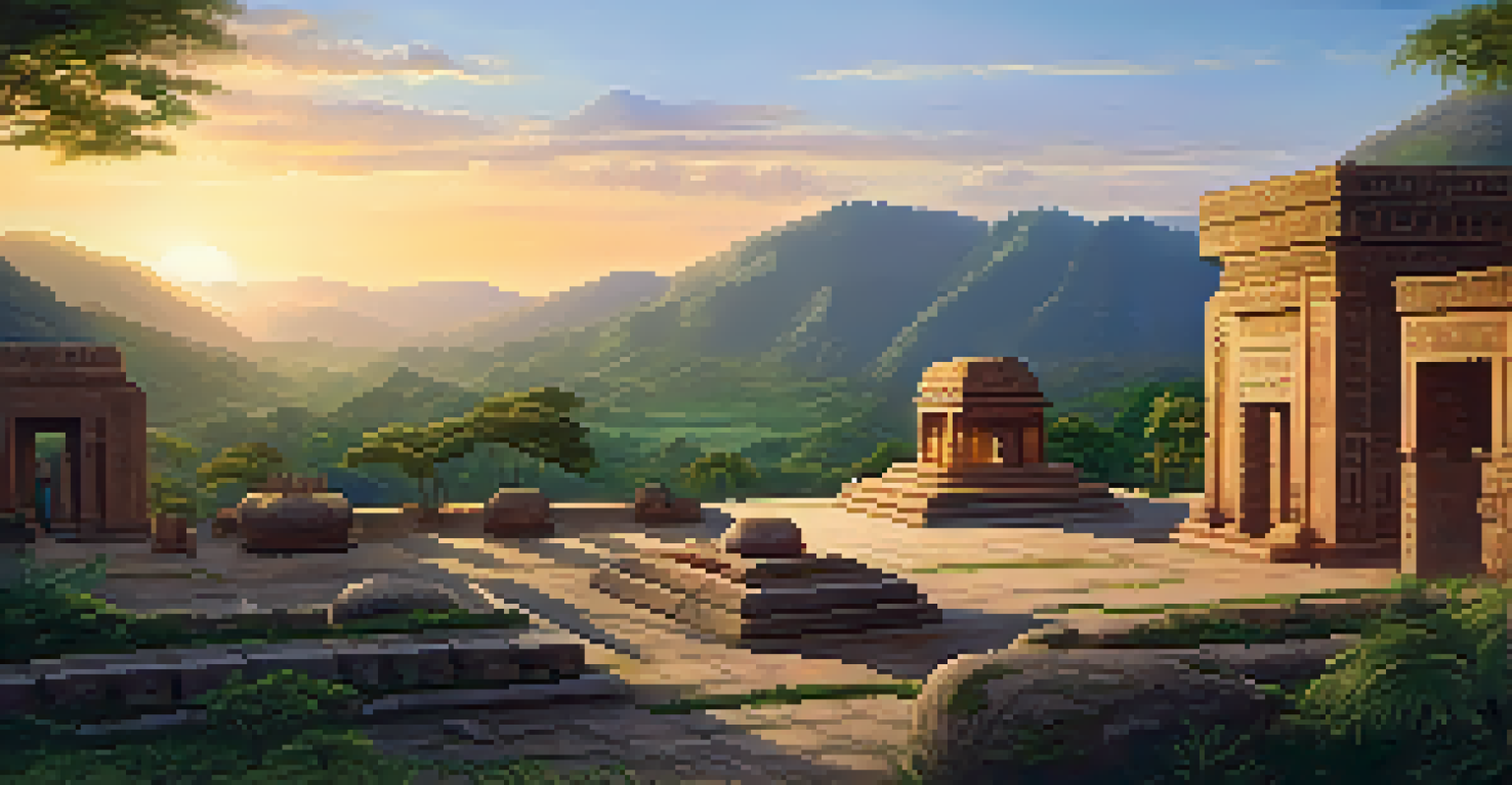 An ancient cultural site in a serene landscape, with lush greenery and mountains, illuminated by the warm glow of sunset.