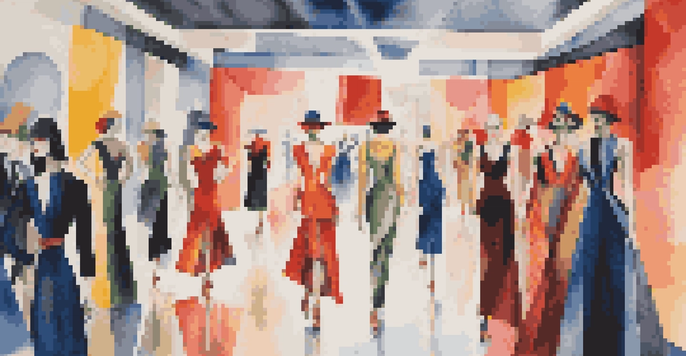 A runway show with models wearing geometric patterned outfits inspired by Cubism, surrounded by an audience in a modern art gallery.