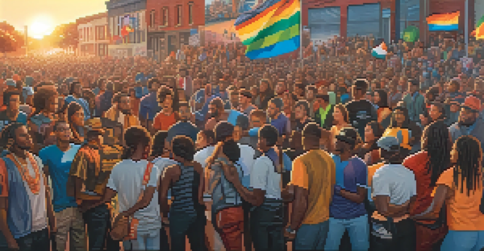 A colorful mural showing diverse individuals in a peaceful protest, with cultural symbols and flags in an urban setting during sunset.
