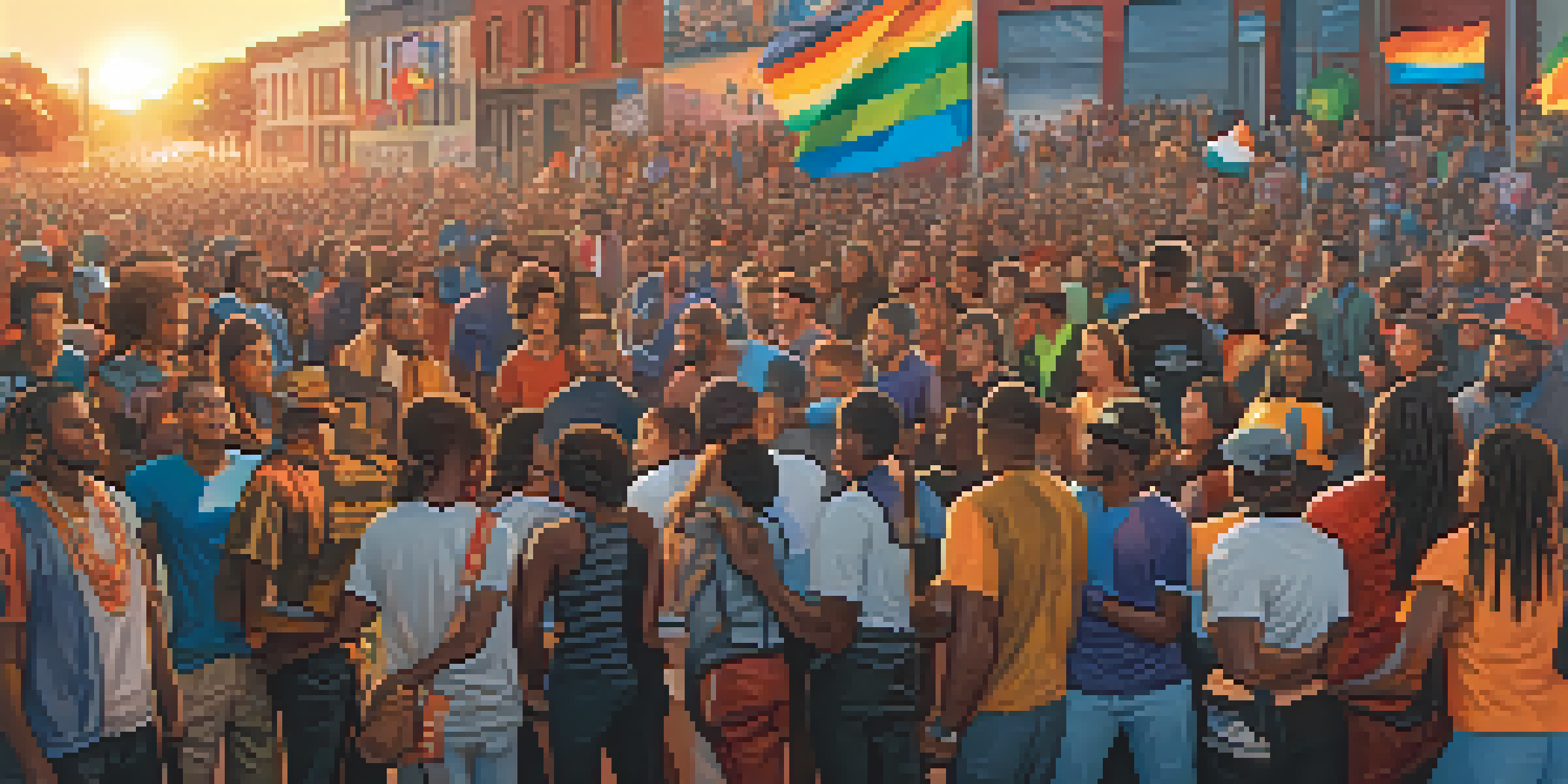 A colorful mural showing diverse individuals in a peaceful protest, with cultural symbols and flags in an urban setting during sunset.