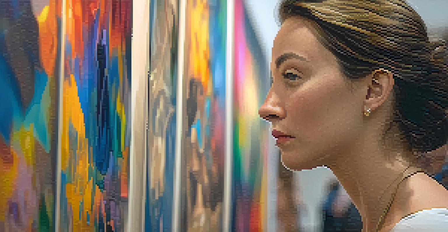 A woman thoughtfully examining a piece of art at an exhibition, showcasing her engagement with the artwork.