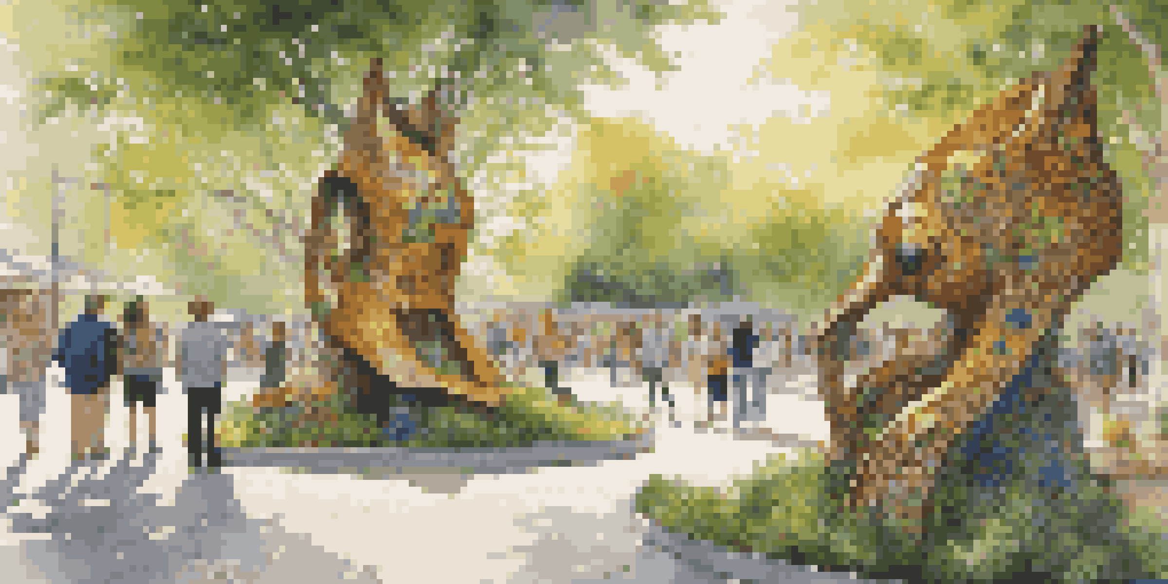 A colorful eco-art installation in an urban area, made from recycled materials, surrounded by greenery and people admiring the art.