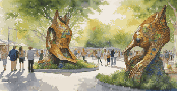 A colorful eco-art installation in an urban area, made from recycled materials, surrounded by greenery and people admiring the art.