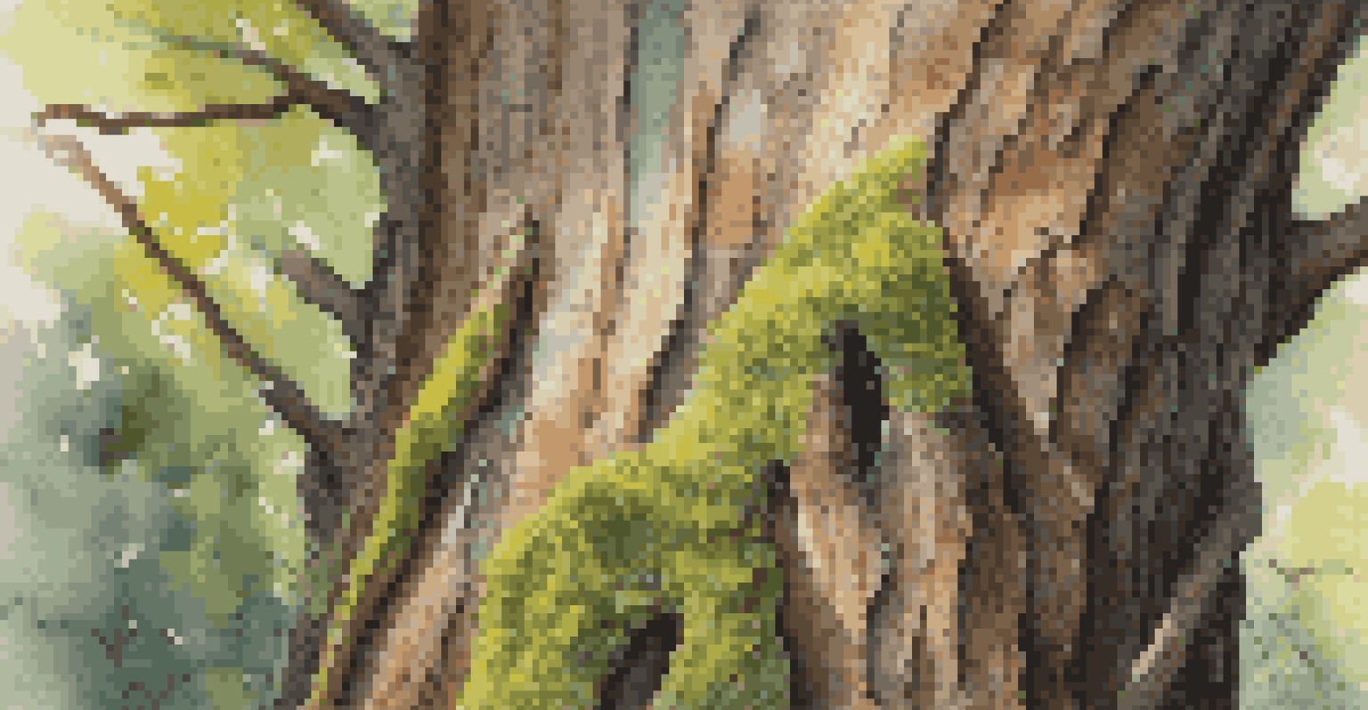 A close-up of a textured tree trunk with sunlight filtering through leaves, highlighting the bark's details and moss.