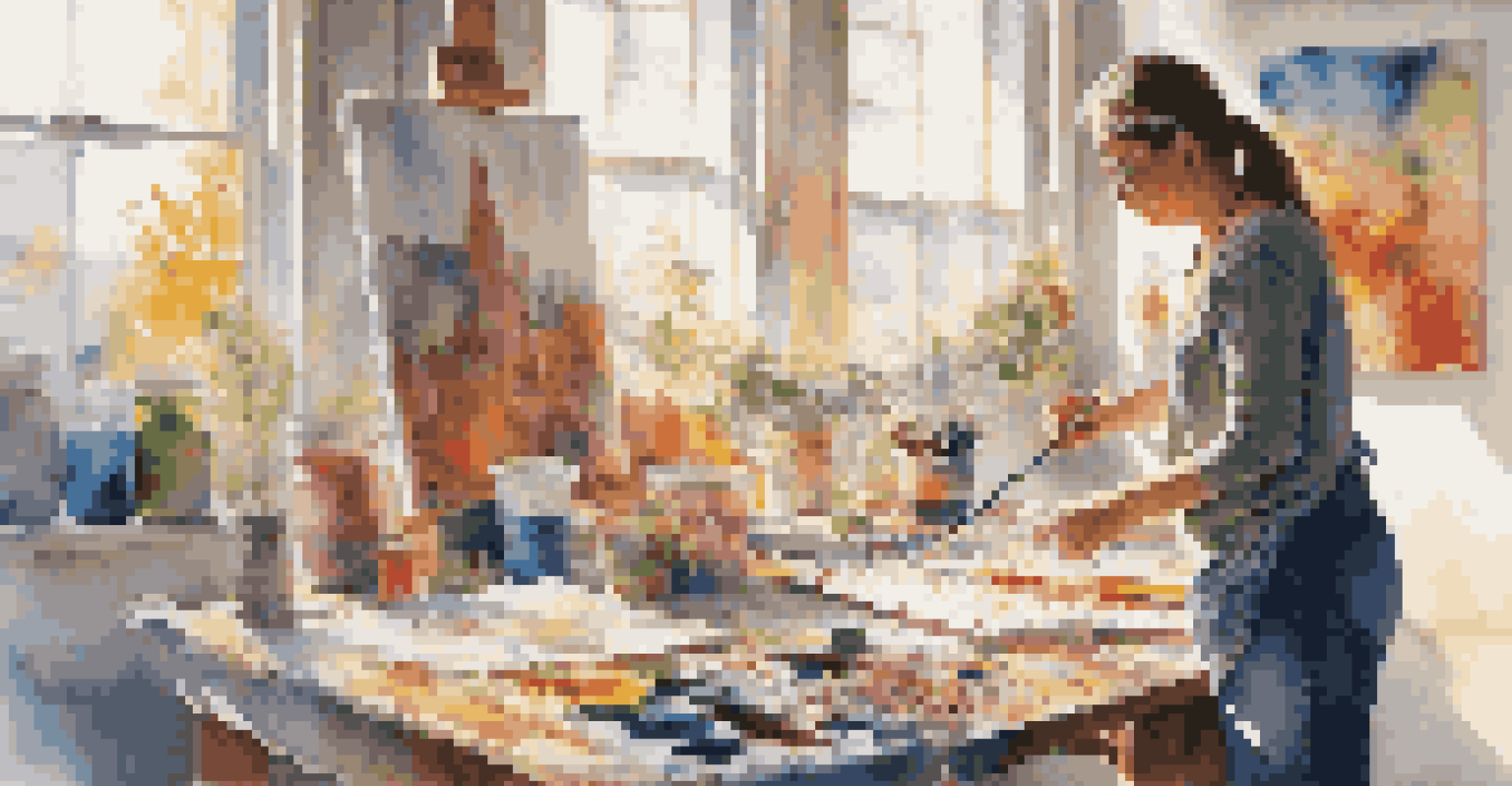 An artist in a bright studio painting a large canvas about social justice, with sunlight illuminating the vibrant colors.