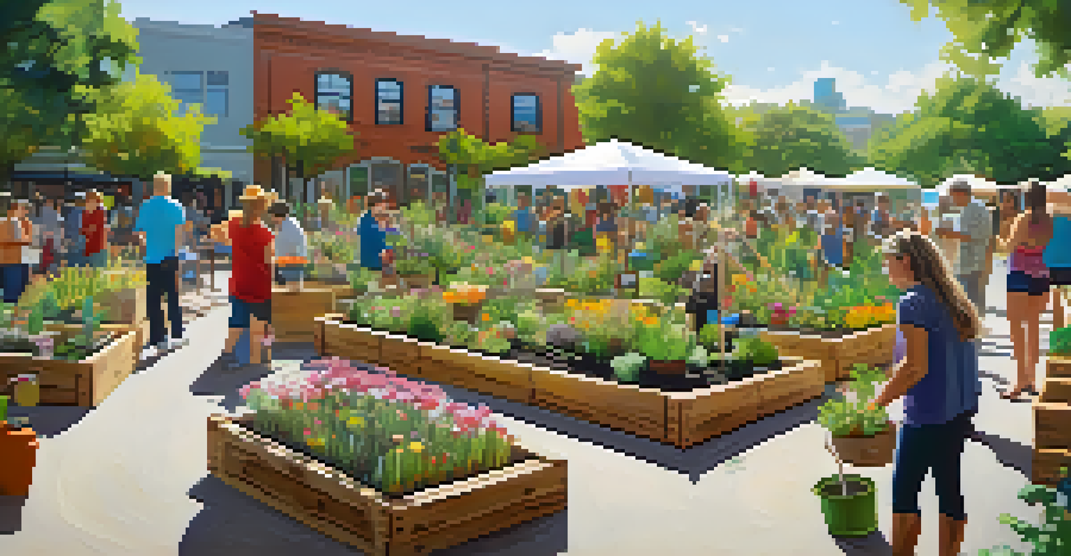 A community garden as a living art installation, with colorful plants and interactive sculptures, featuring people gardening under warm sunlight.