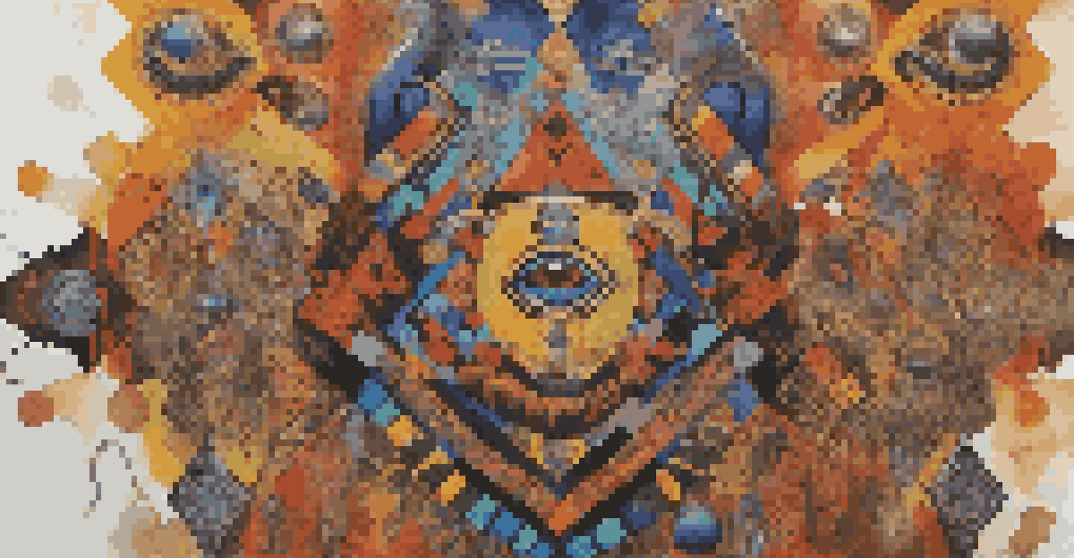 An abstract artwork featuring traditional African symbols and vibrant colors, reflecting cultural mythology.