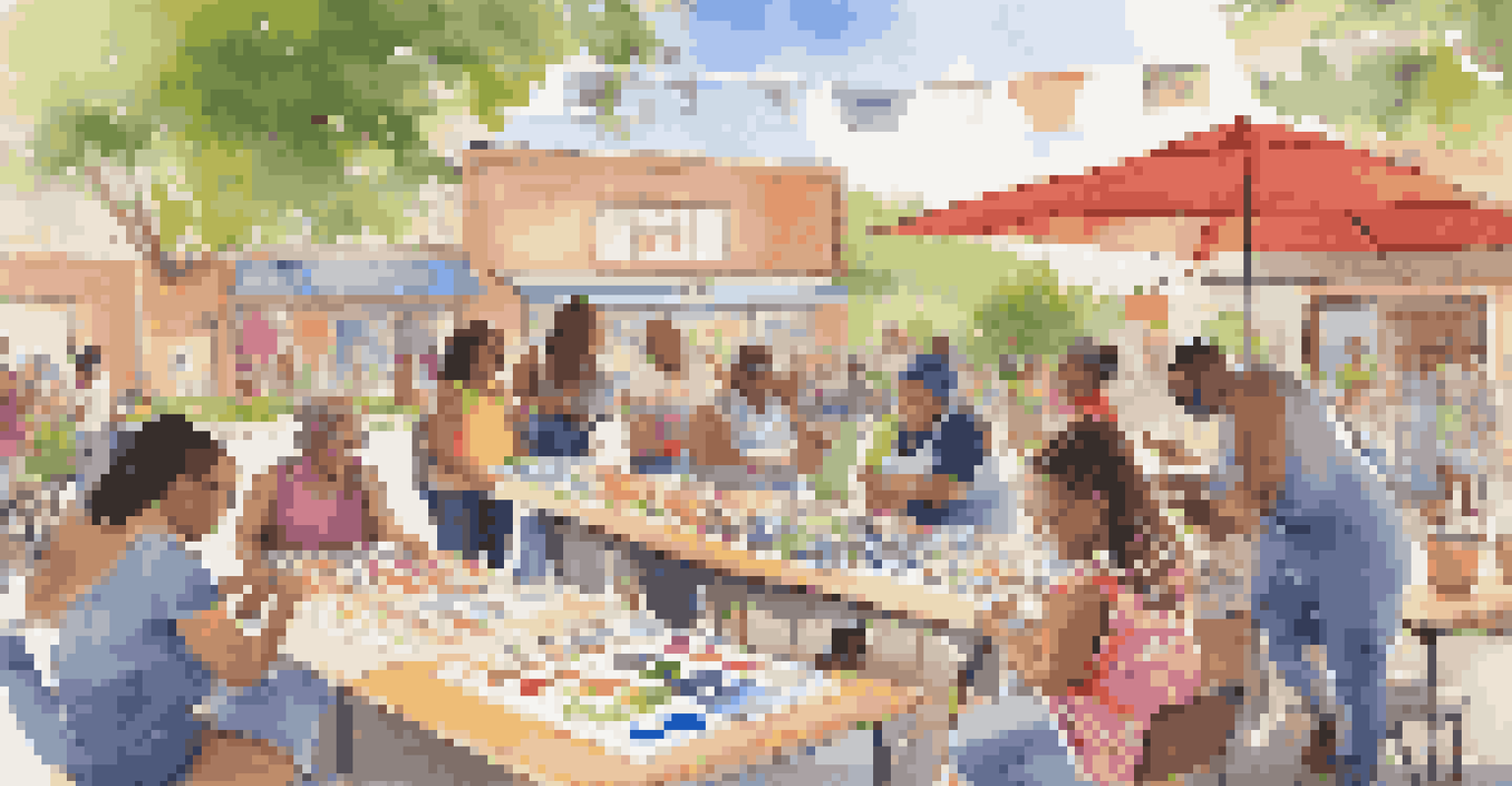 An outdoor community art workshop with people of varying ages engaged in creative activities, surrounded by colorful supplies and a health message banner.