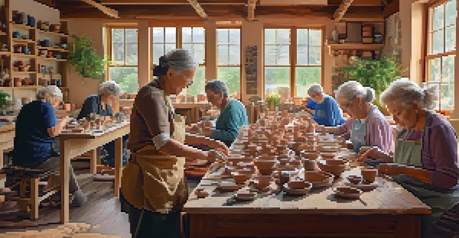 Seniors engaged in a pottery class, focused on their clay creations at a wooden table, surrounded by pottery tools and glazes.