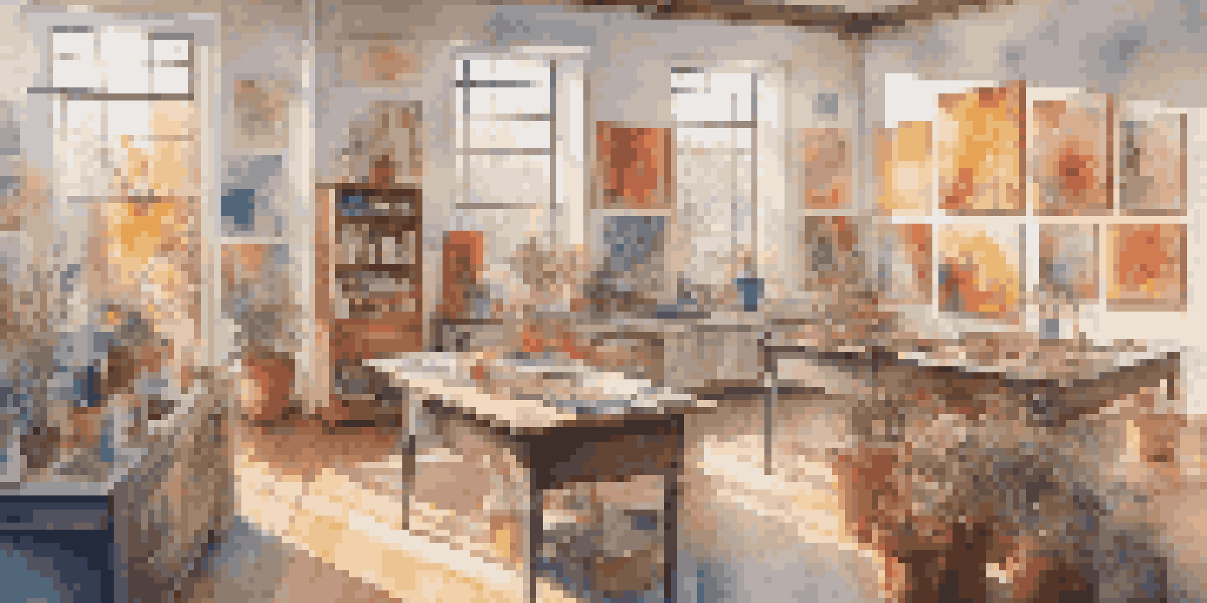 A colorful art studio showcasing diverse artworks created by women, with sunlight streaming through the windows.