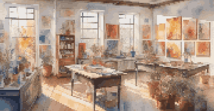 A colorful art studio showcasing diverse artworks created by women, with sunlight streaming through the windows.