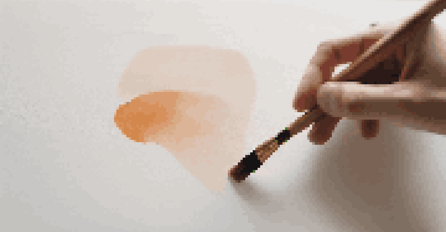 A close-up of a hand with a paintbrush above a blank canvas in a minimalistic art studio.