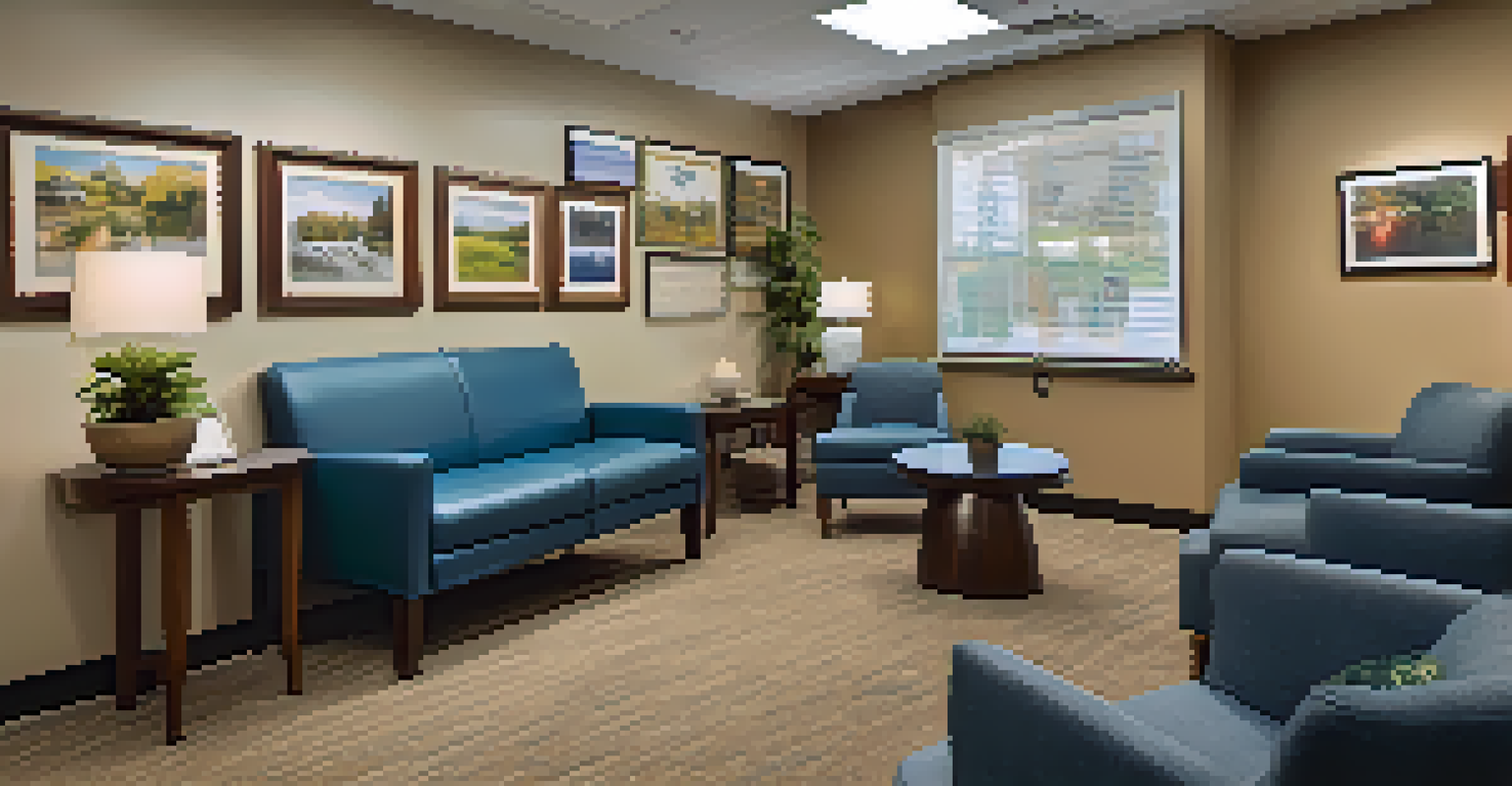 A welcoming waiting area in a clinic decorated with photographs of local events and greenery, designed for patient comfort.