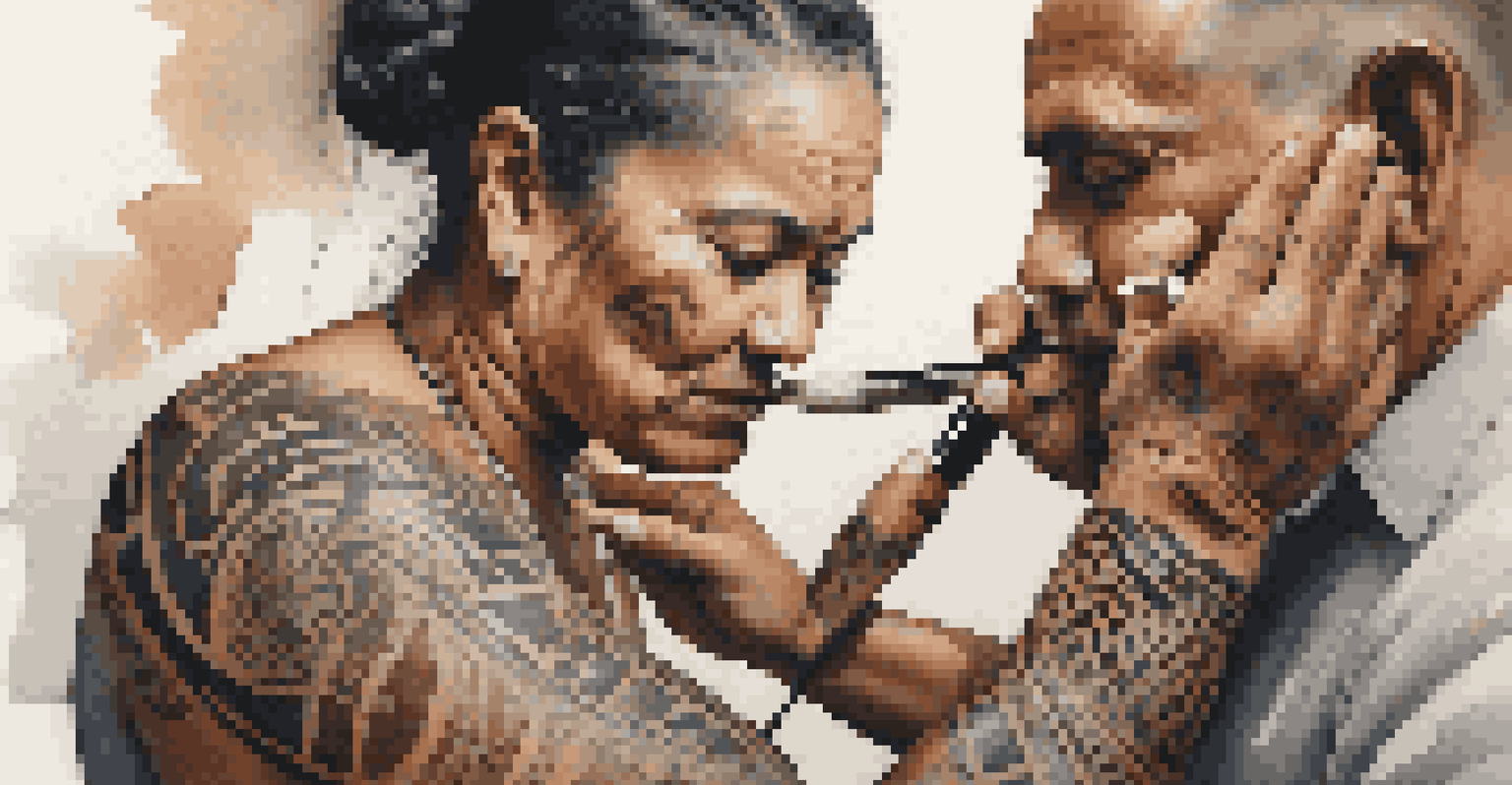 A Maori tattoo artist applying a symbolic tattoo to a client, surrounded by traditional tattooing tools, with natural light illuminating the detailed designs.
