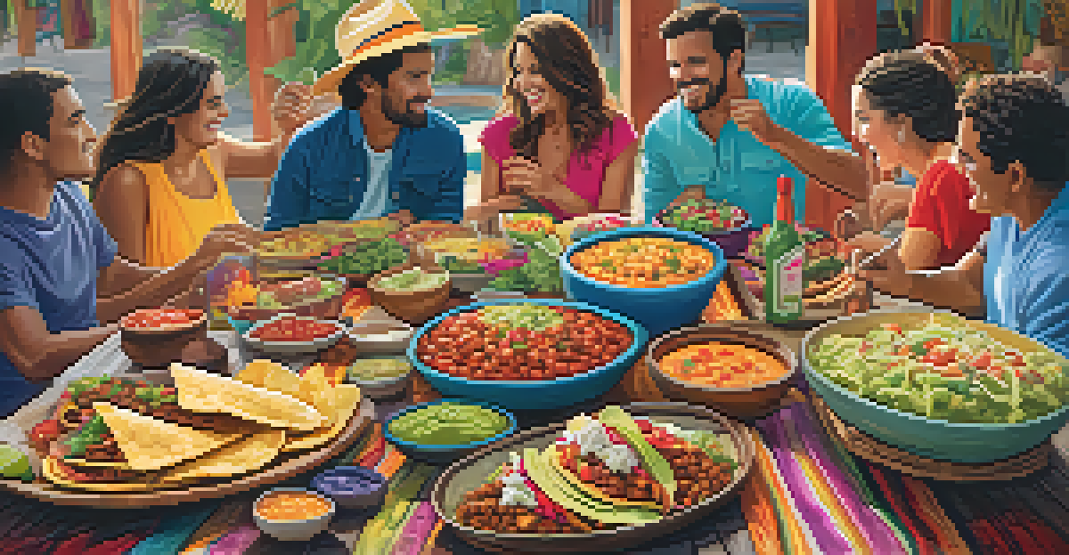 A colorful Latin American feast on a wooden table with tacos, salsa, and guacamole, surrounded by friends and warm natural light.