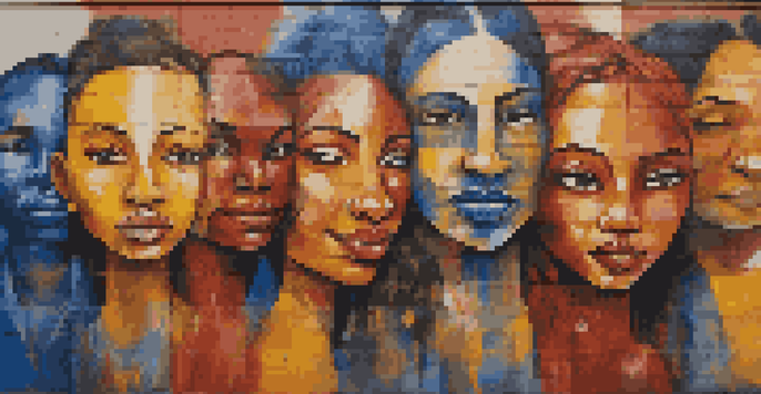 A colorful urban mural showing diverse faces, representing unity and resilience.