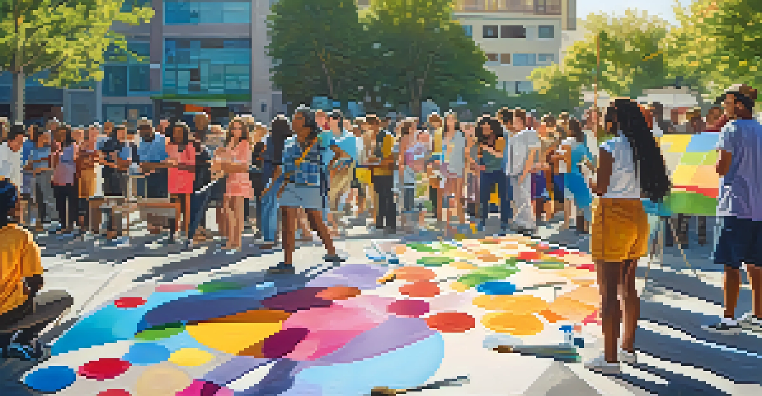 A diverse group of people working together on a mural celebrating gender diversity in a sunlit outdoor setting.