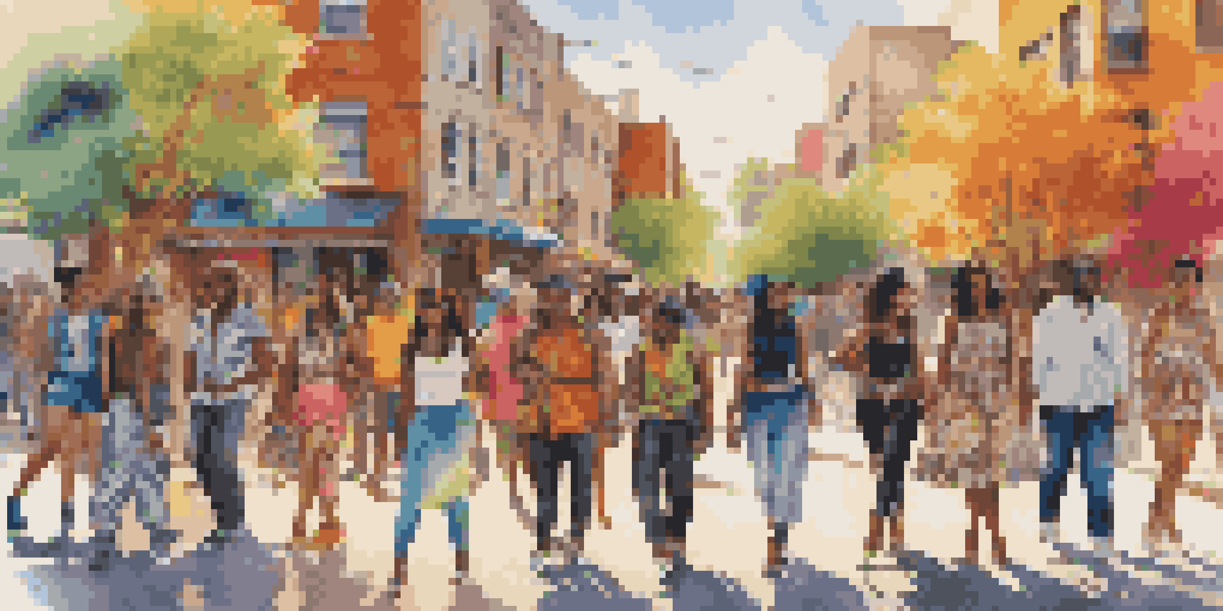 A lively street scene with diverse individuals wearing unique fashion, surrounded by colorful murals and soft sunlight.