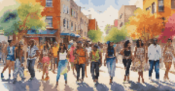 A lively street scene with diverse individuals wearing unique fashion, surrounded by colorful murals and soft sunlight.