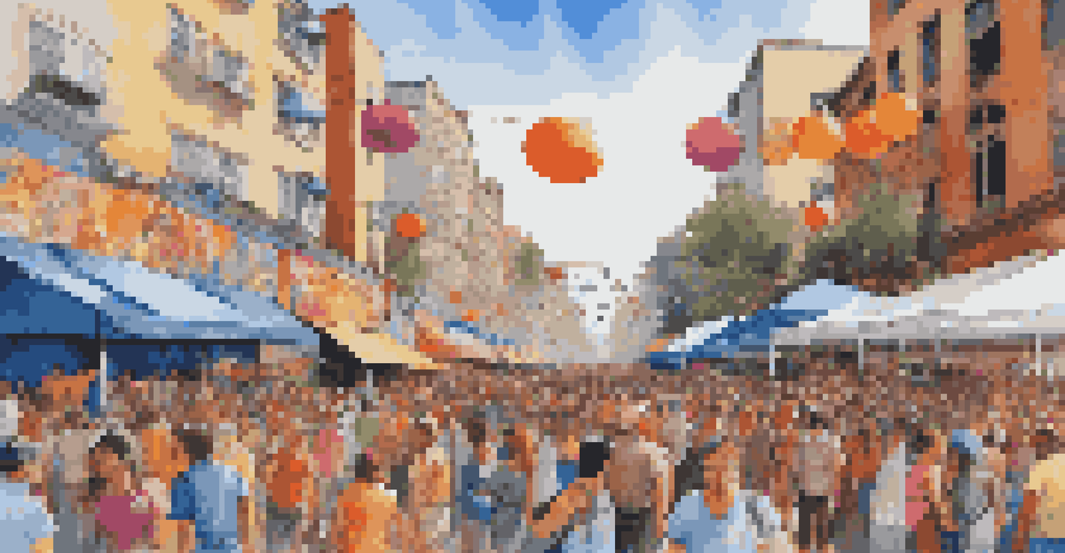 A lively street art festival with artists painting on large canvases and crowds enjoying the vibrant atmosphere under a clear sky.