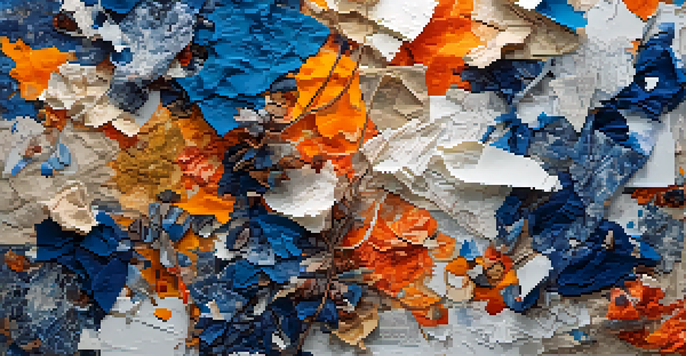 A colorful mixed media collage with fabric scraps, magazine clippings, and acrylic paint in bold colors, set against a textured background.