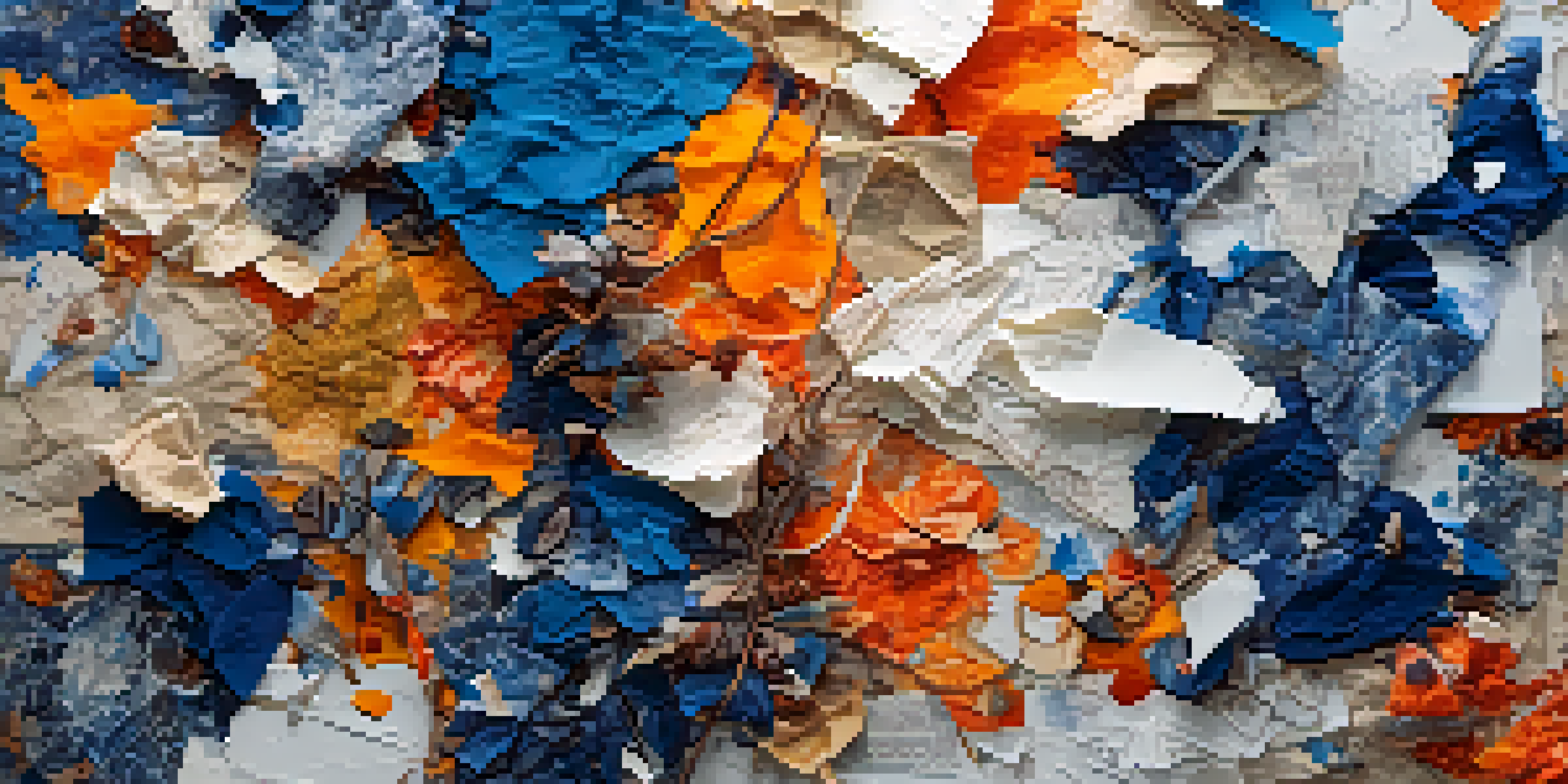 A colorful mixed media collage with fabric scraps, magazine clippings, and acrylic paint in bold colors, set against a textured background.