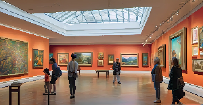 A colorful art museum interior showcasing diverse artworks with visitors interacting with them.
