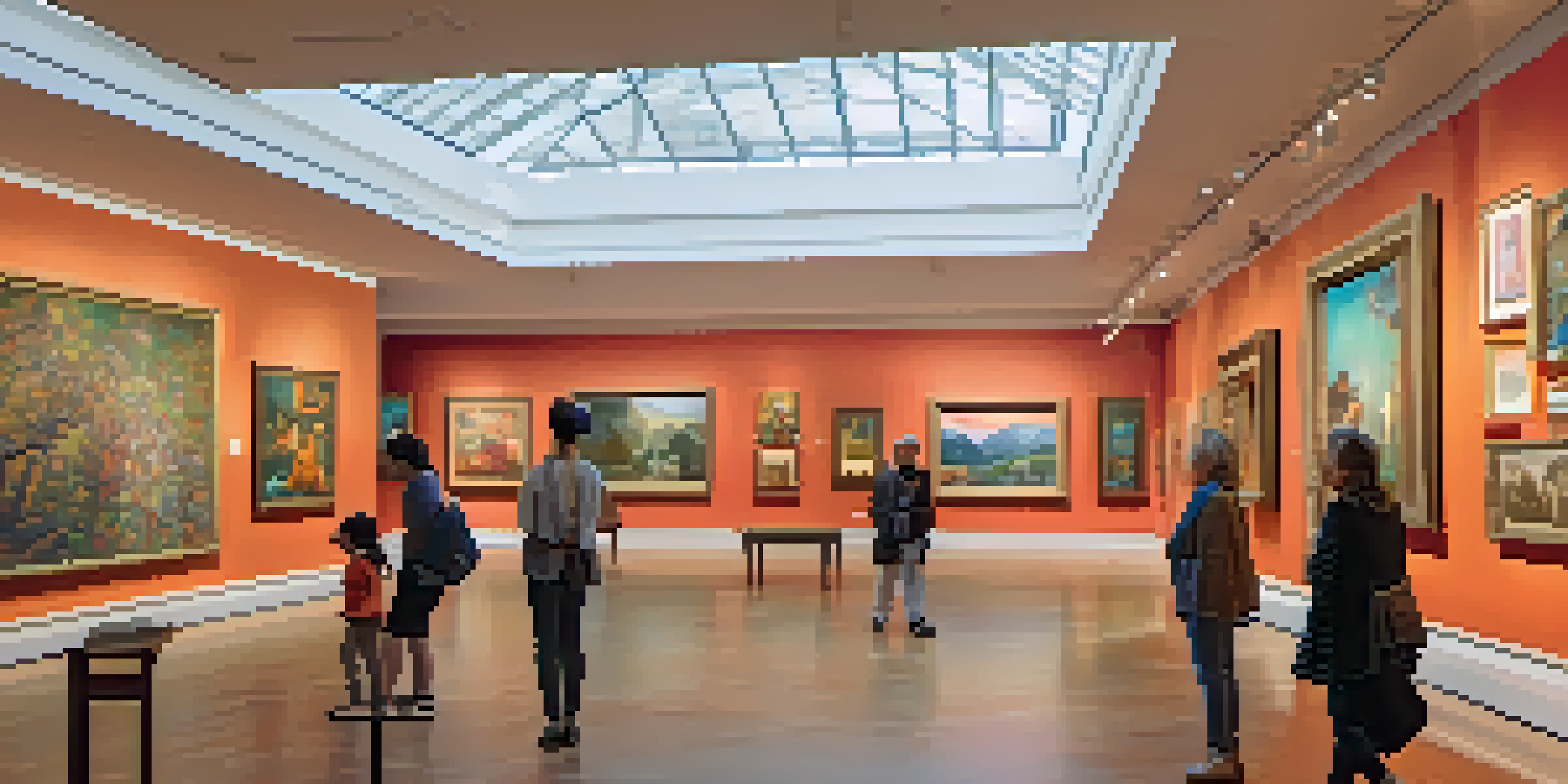 A colorful art museum interior showcasing diverse artworks with visitors interacting with them.
