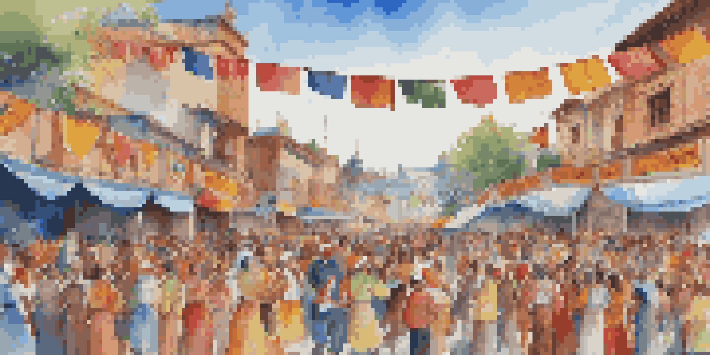 A lively festival with people in traditional costumes performing music and dance, surrounded by colorful decorations and a joyful crowd.