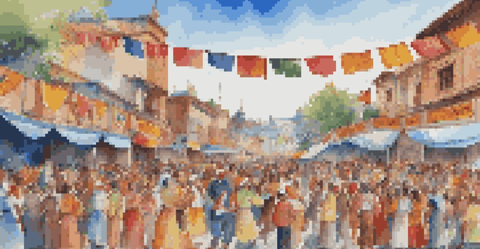 A lively festival with people in traditional costumes performing music and dance, surrounded by colorful decorations and a joyful crowd.