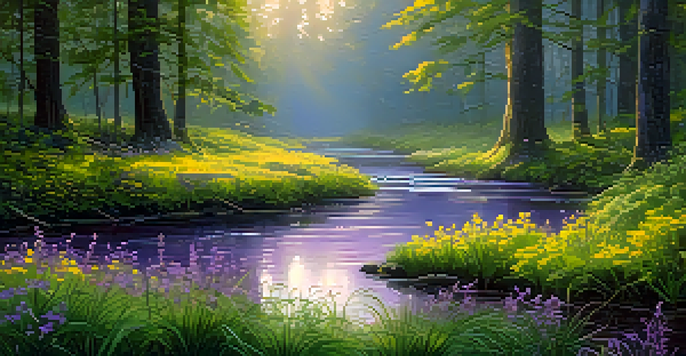 A tranquil forest with a golden dawn light, a stream, and a wooden bench surrounded by wildflowers.