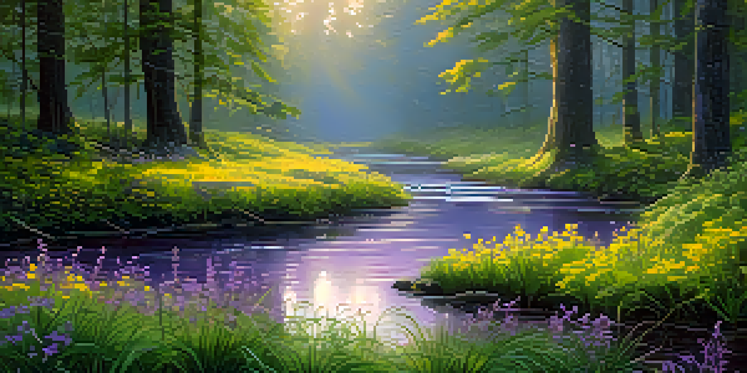 A tranquil forest with a golden dawn light, a stream, and a wooden bench surrounded by wildflowers.