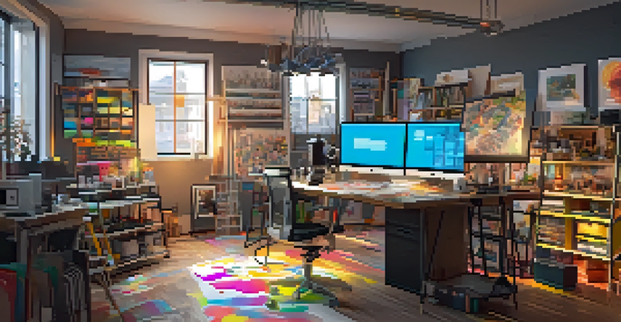 A colorful digital art studio with sketches and a computer displaying graphic design software, warm lighting enhances the creative atmosphere.