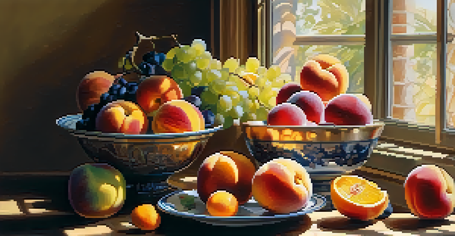 A still life painting of assorted fruits in a bowl, illuminated by warm sunlight.