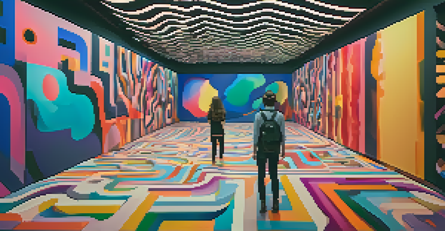 A maze of colorful abstract shapes in a VR art installation, with viewers exploring the interactive environment.