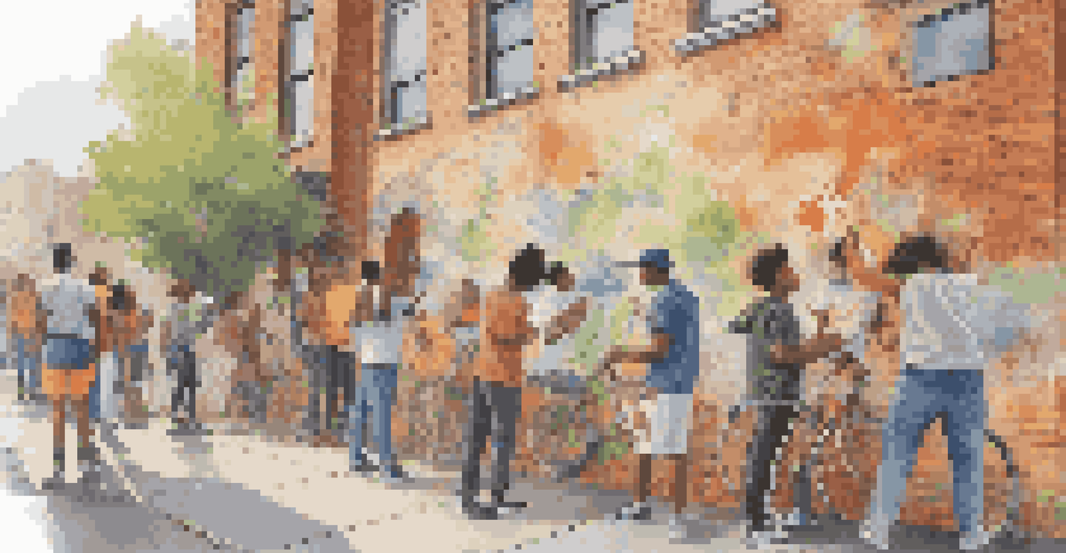 A group of teenagers painting a colorful mural together on a brick wall, showcasing diverse artistic styles and techniques.