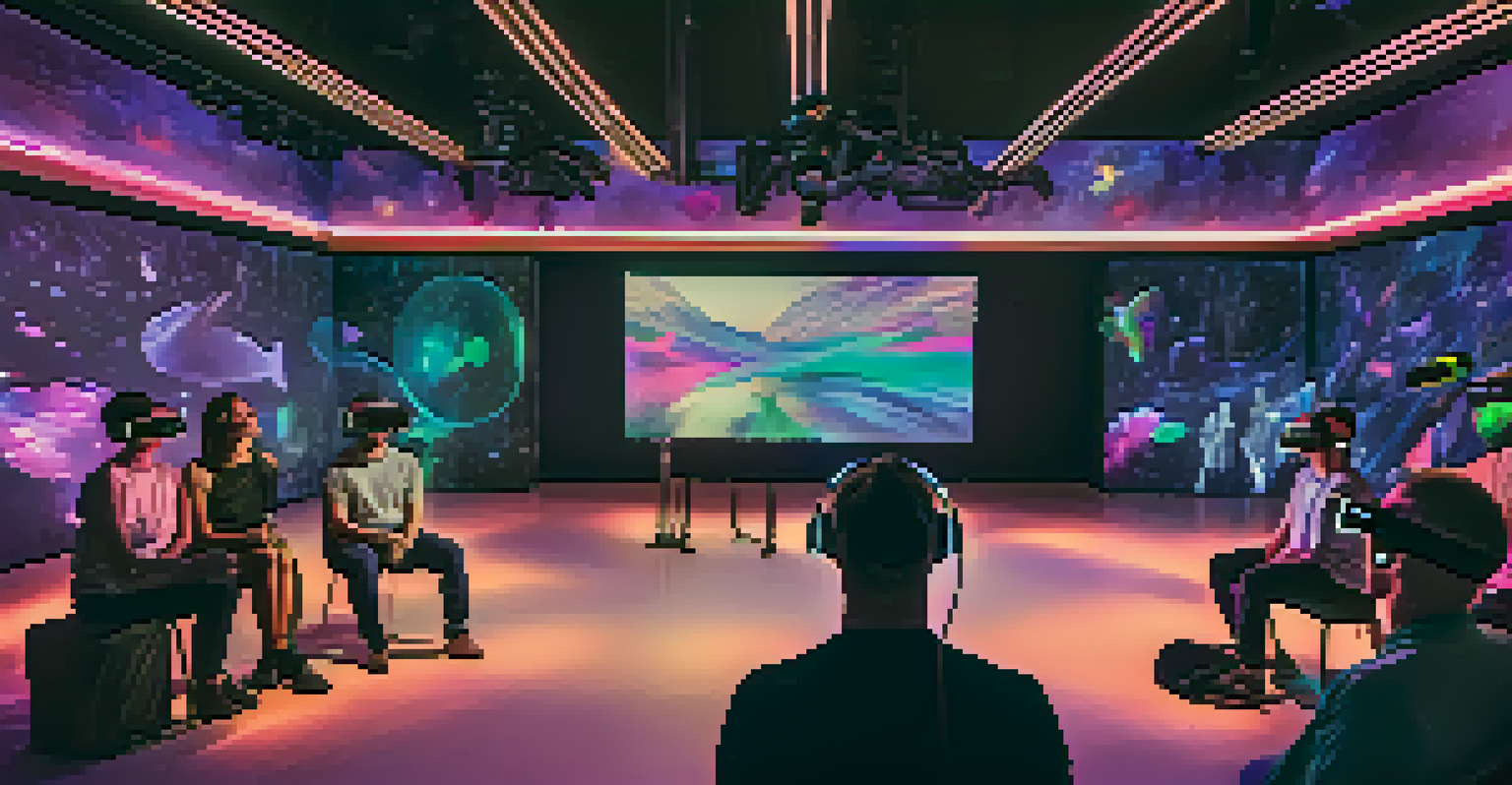 An audience engaging with virtual reality performance art, surrounded by colorful interactive projections.