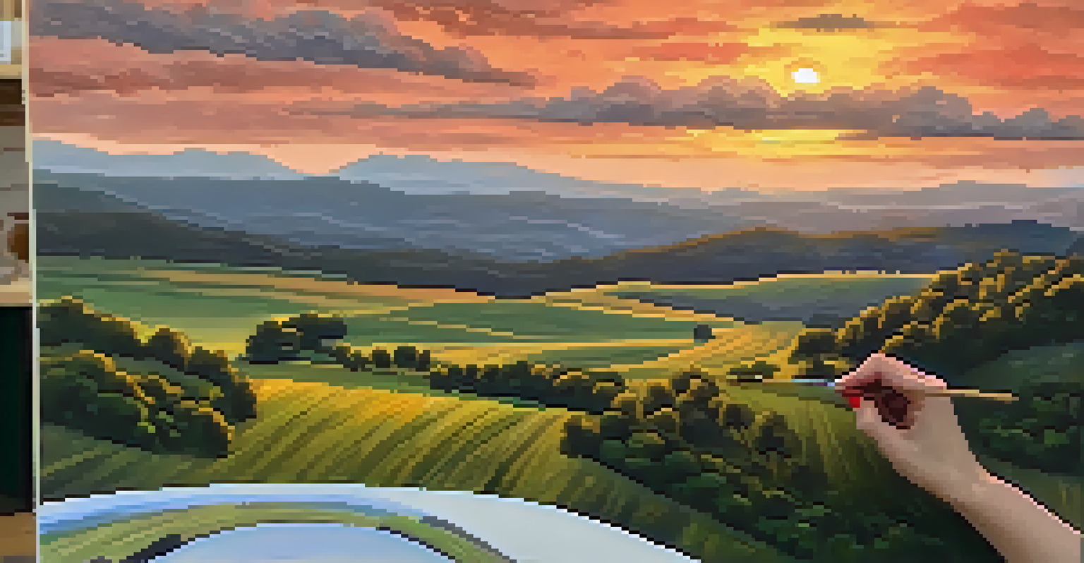 A close-up image of a gouache painting depicting a landscape, with an artist's brush and palette in the frame.