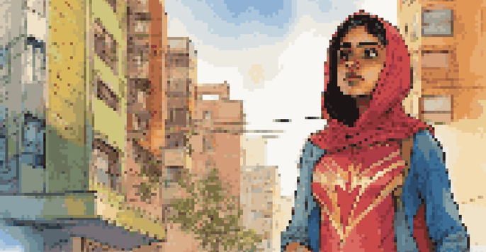 A teenage girl of Pakistani descent in a colorful superhero costume stands confidently in an urban setting with diverse architecture and street art in the background.