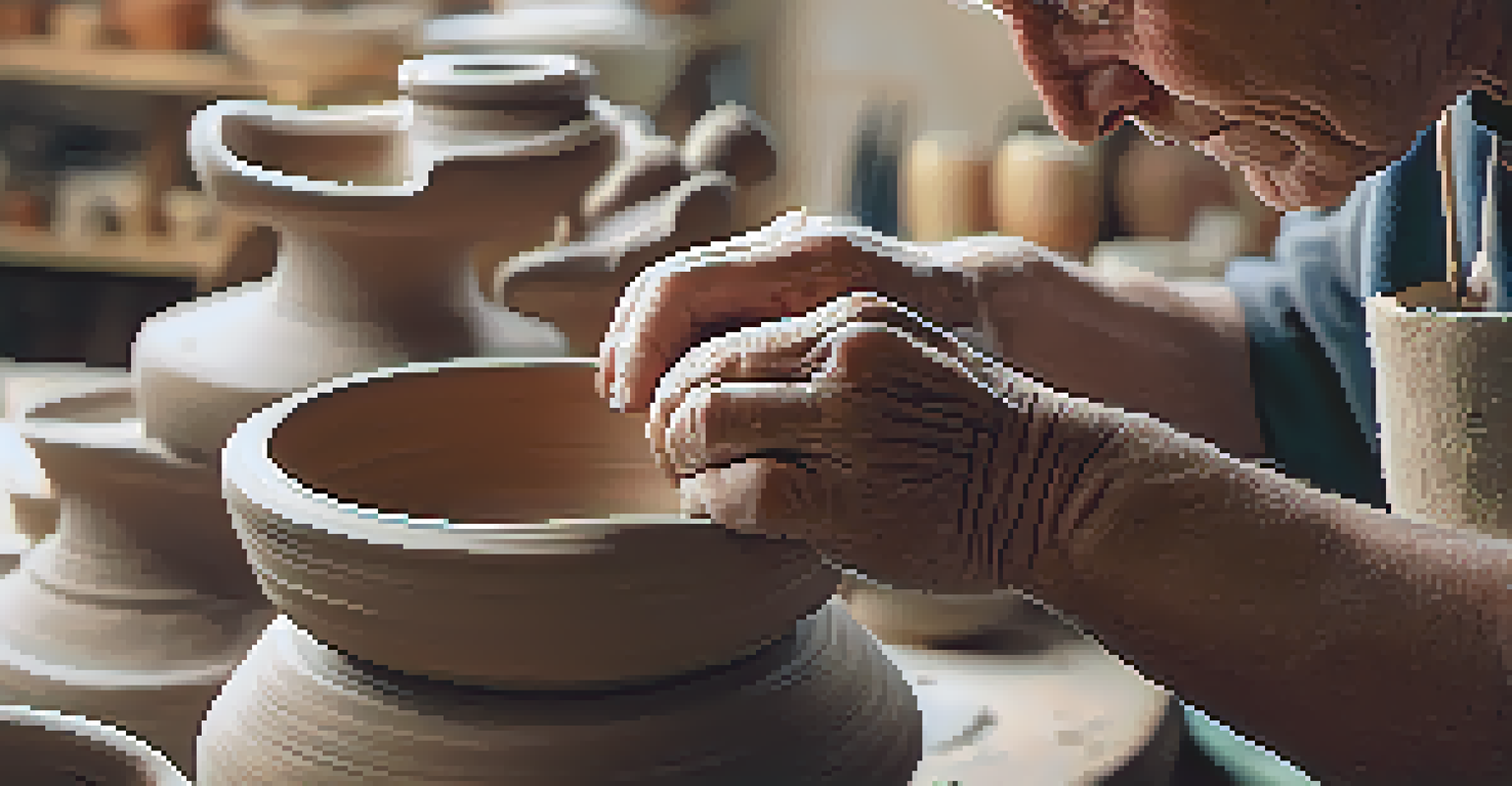 An elderly man's hands shaping clay on a pottery wheel in a cozy studio.