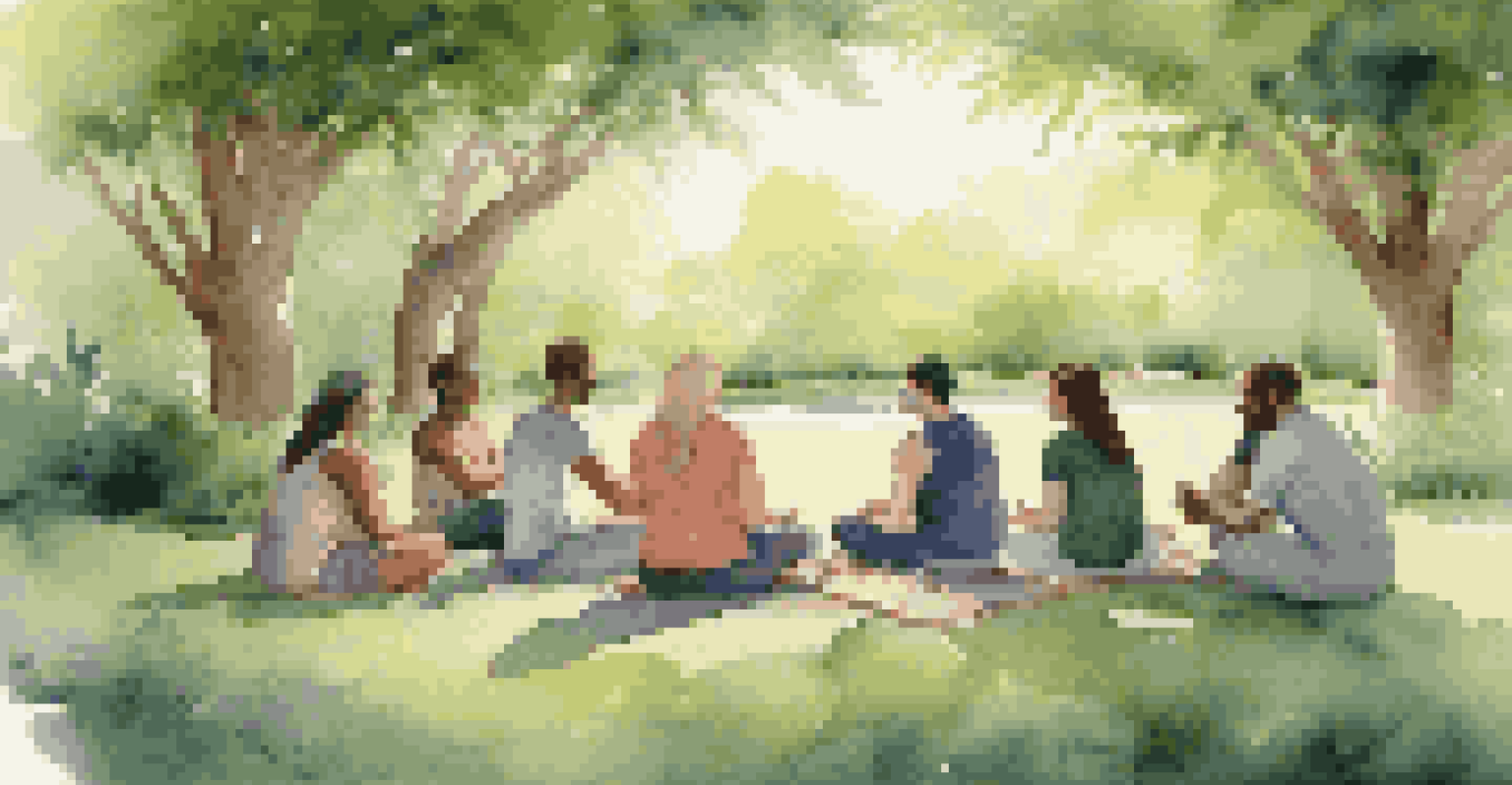 A tranquil outdoor scene of people in a circle sharing art and spiritual beliefs, surrounded by nature and soft sunlight.