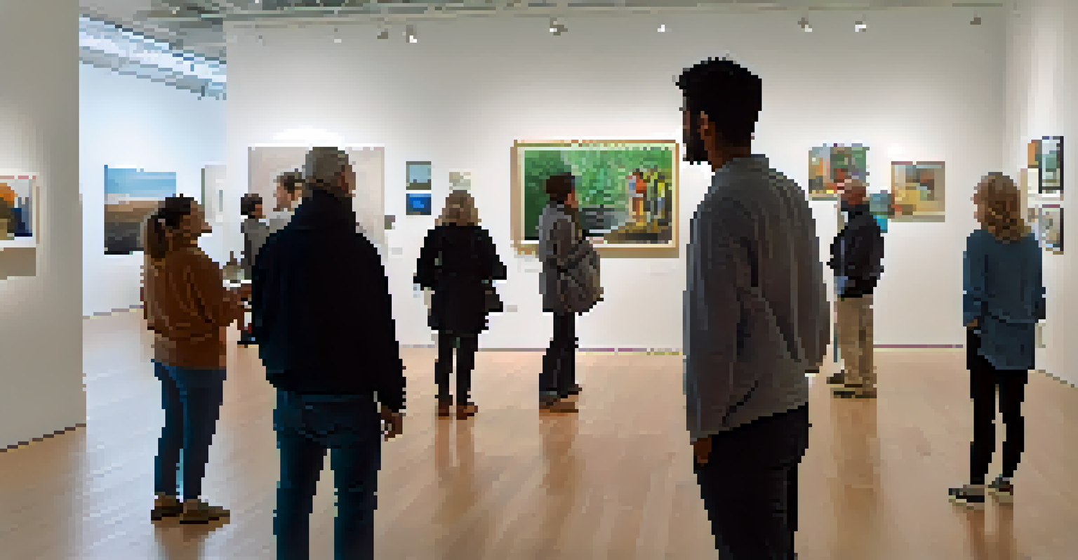 An art exhibition displaying artworks focused on mental health themes, with visitors discussing pieces.