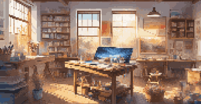 A colorful digital art studio with art supplies and screens displaying artwork, illuminated by sunlight.