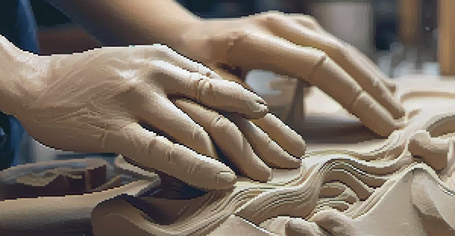 Close-up of hands shaping a clay sculpture, highlighting the texture and artist's concentration.