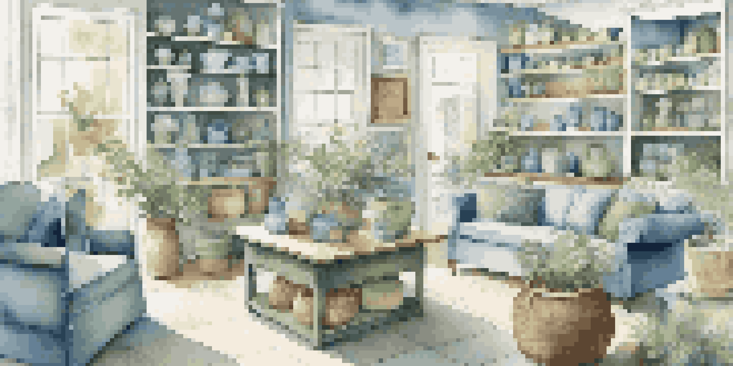 A peaceful home goods store showcasing soft blue and green decor items with calming artwork on the walls, illuminated by warm lighting.