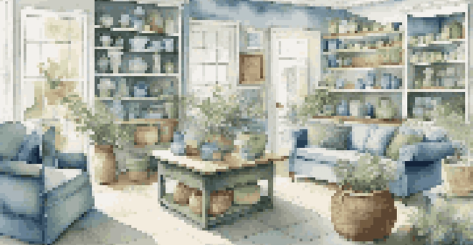 A peaceful home goods store showcasing soft blue and green decor items with calming artwork on the walls, illuminated by warm lighting.