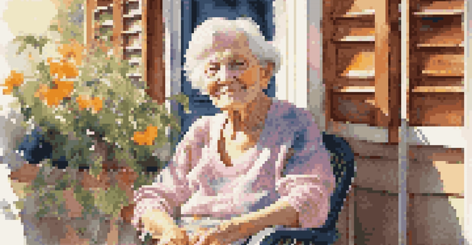 An elderly woman with a warm smile sits on a sunlit porch surrounded by colorful potted flowers, her wrinkles reflecting a life of experiences.