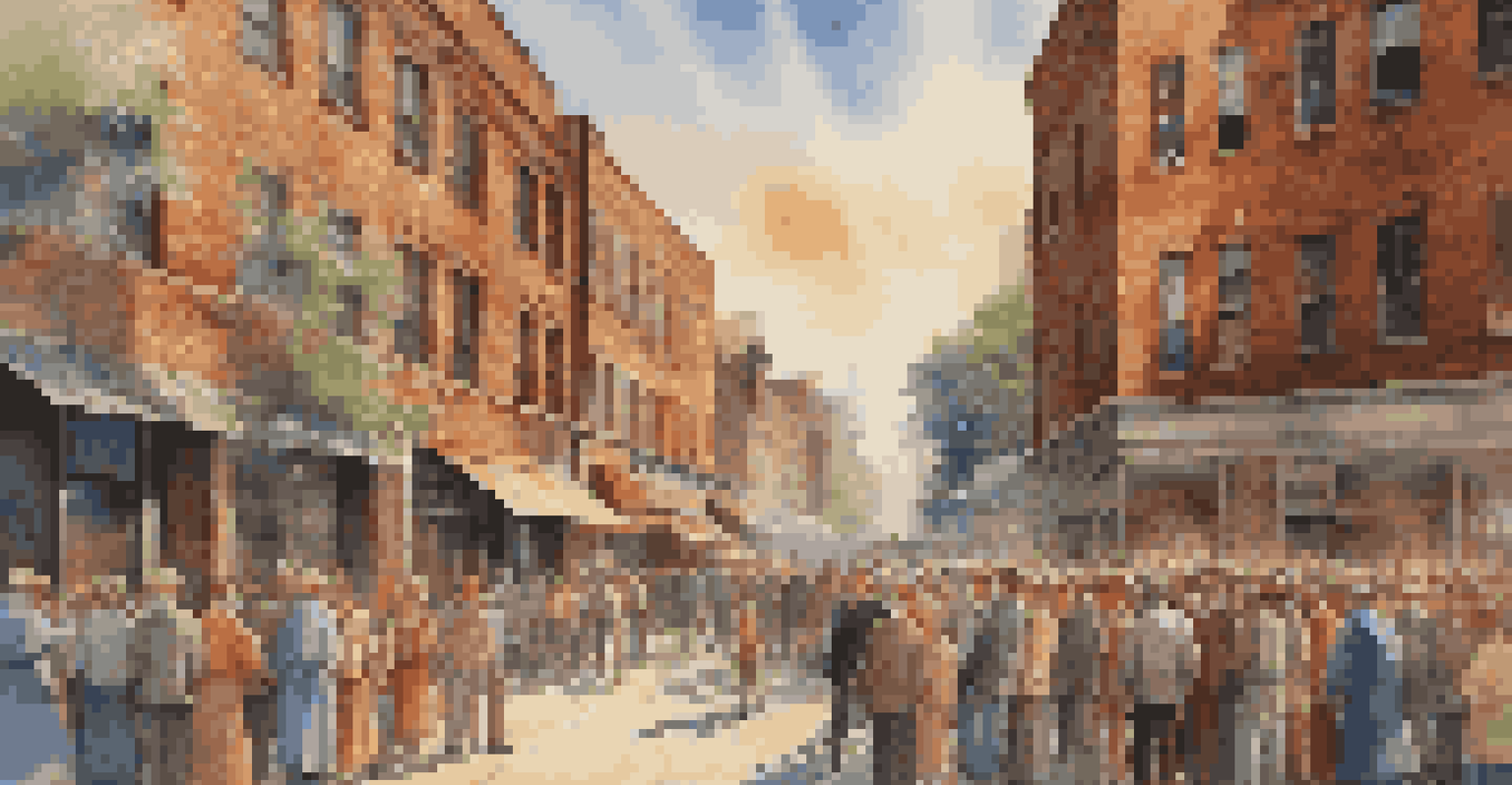 A colorful mural on a brick wall depicting a historical event, with pedestrians admiring it in an urban setting.