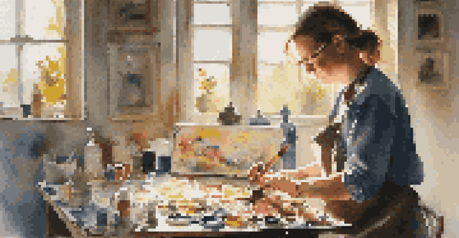 An artist in a bright workspace applying enamel paint to a metal plate, surrounded by colorful enamel paints and brushes, with sunlight streaming through a window.